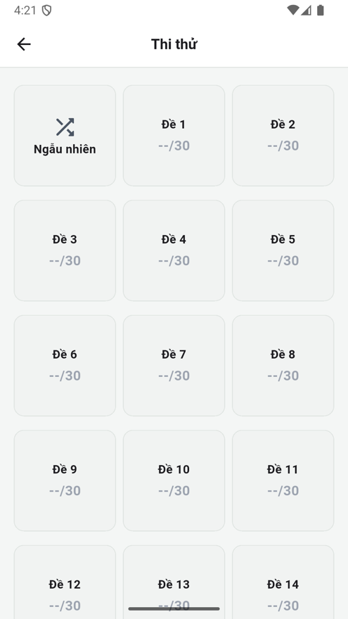 Màn hình thi thử app Ôn Thi GPLX